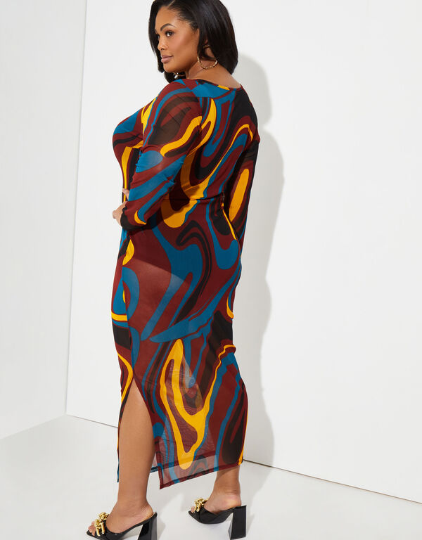 Swirl Print Mesh Bodycon Dress, Multi image number 1