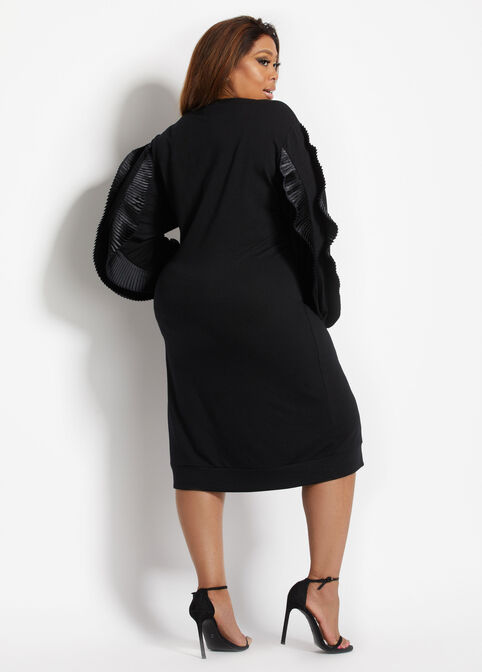 Satin Ruffle Trim Sweatshirt Dress, Black image number 1