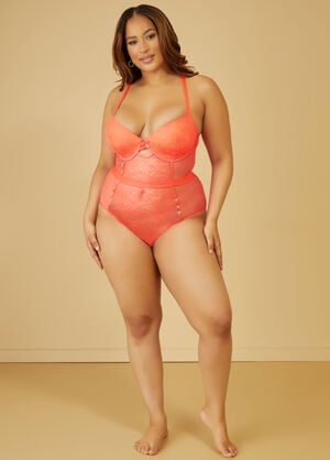Cutout Mesh And Lace Bodysuit, Coral image number 0