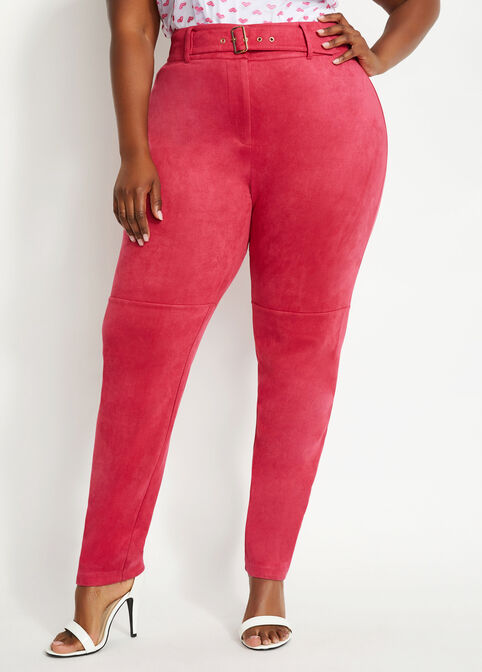 Pink Belted Faux Suede Skinny Pant, Cerise image number 0