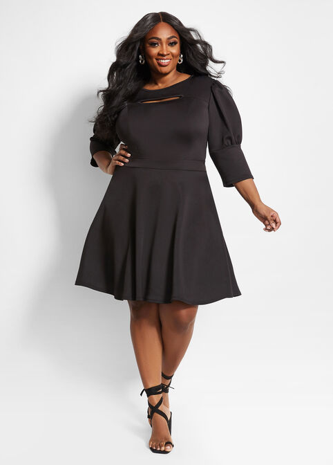 Plus Size Cutout Bust Fit Flare Scuba Puff Sleeve Mini Party Dresses image number 0