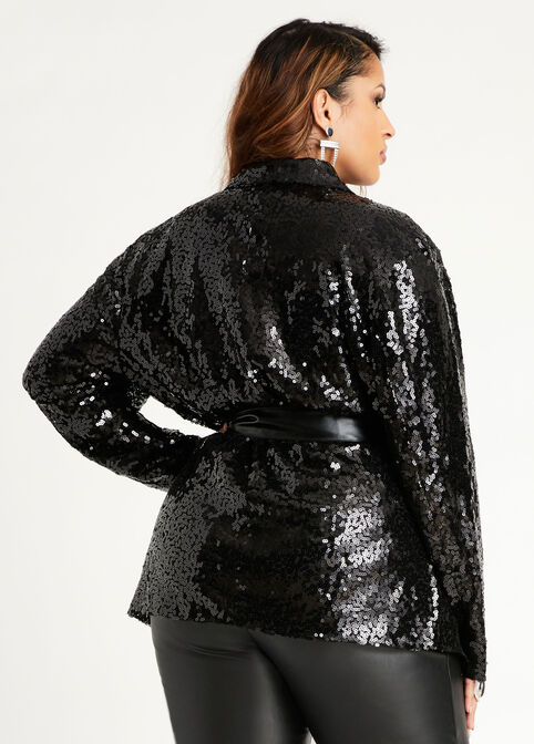 Belted Sequin Wrap Long Blazer, Black image number 1