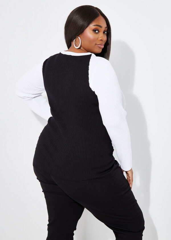 Two Tone Asymmetric Sweater, White Black image number 1