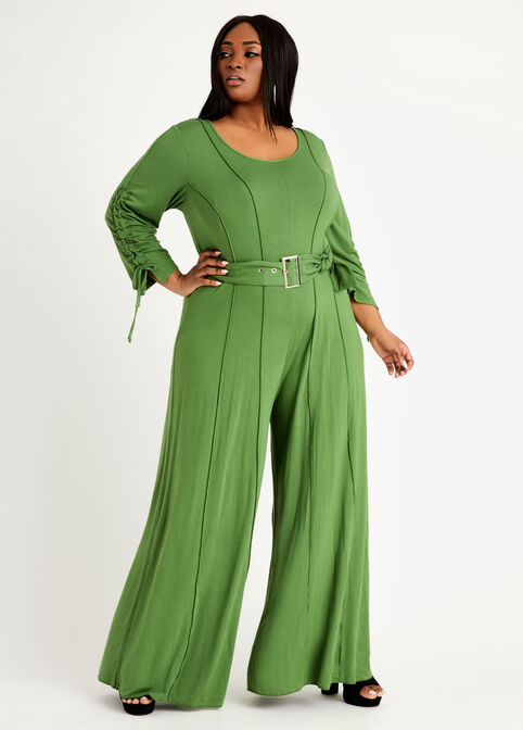 Belted Ruched Palazzo Jumpsuit, Artichoke Green image number 0