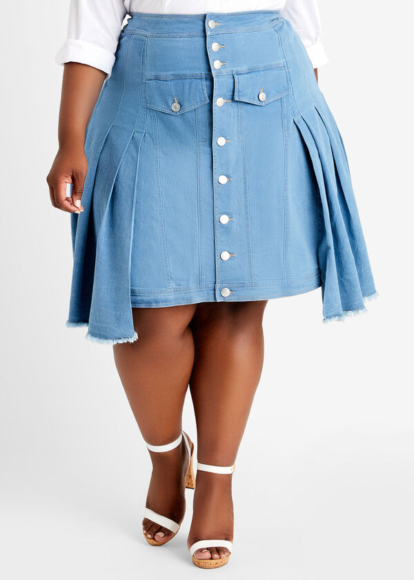 Pleated Hi Low Denim Skirt, Medium Blue image number 0