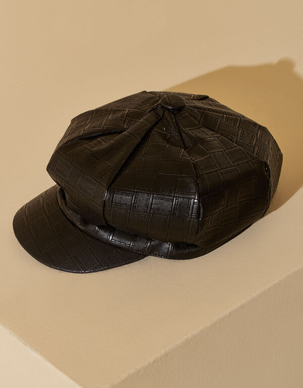 Textured Faux Leather Cabbie Hat, Black image number 1