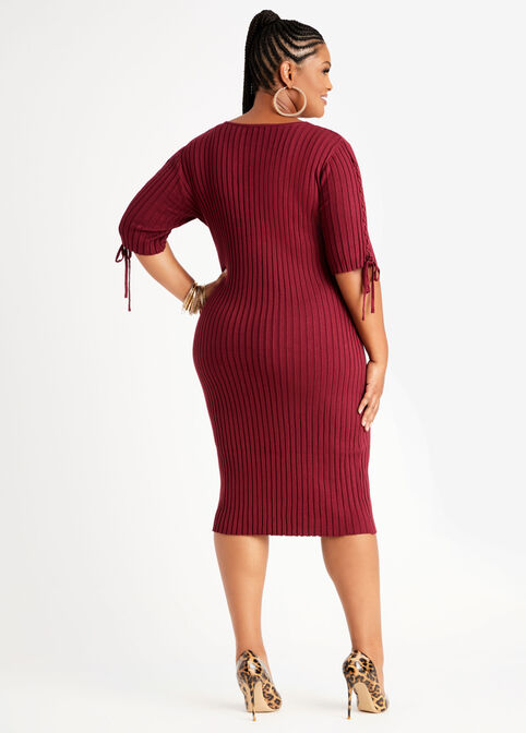 Lace Up Trim V Neck Sweater Dress, Rhododendron image number 1