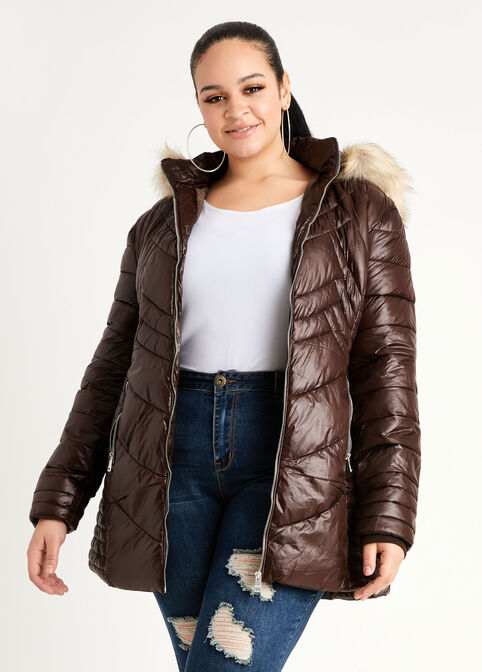 Quilted Faux Fur Trim Hooded Coat, Coffee Bean image number 0