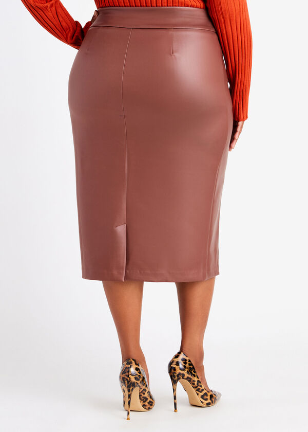 High Waist Faux Leather Midi Skirt, Brown image number 1