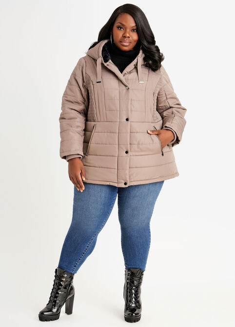 Plus Size Faux Fur Lined Quilted Hooded Zip Long Puffer Coat image number 0