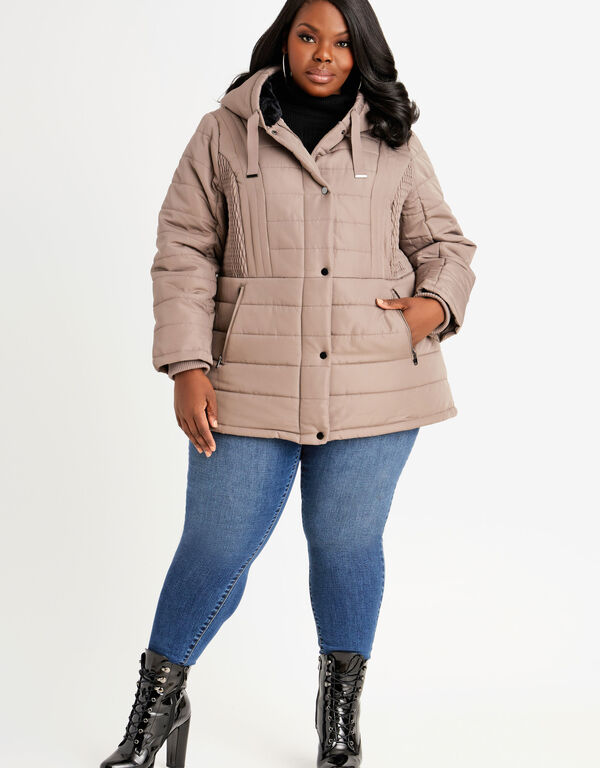 Faux Fur Lined Hooded Puffer Coat, Tan image number 0