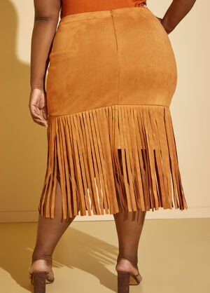 Faux Suede Fringed Midi Skirt, Tan image number 1