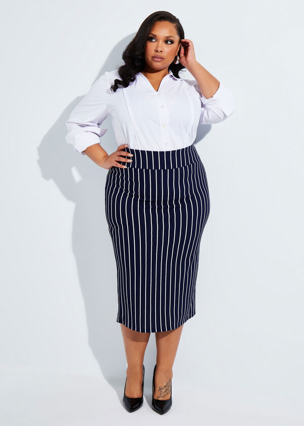 Pinstriped Crepe Pencil Skirt, Navy image number 2