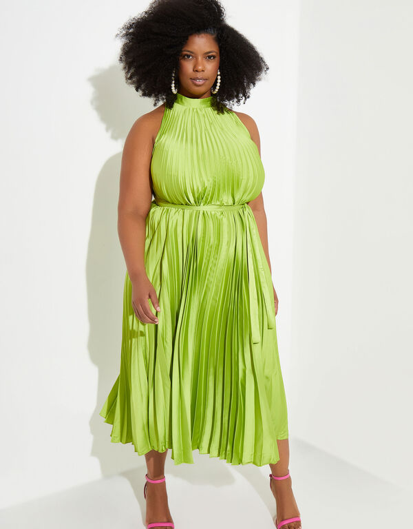 Accordion Pleated Satin Maxi Dress, Green image number 0