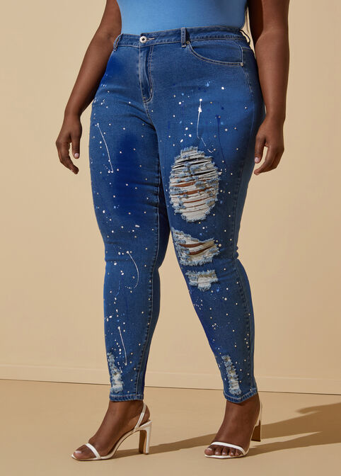 Painted Embellished Skinny Jeans, Blue image number 3