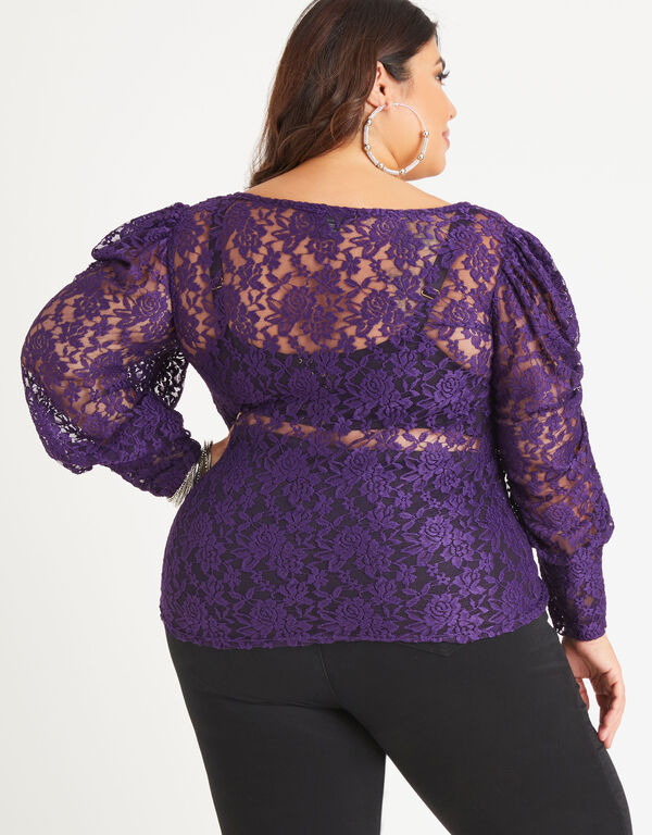Stretch Lace Puff Sleeve Top, Acai image number 1