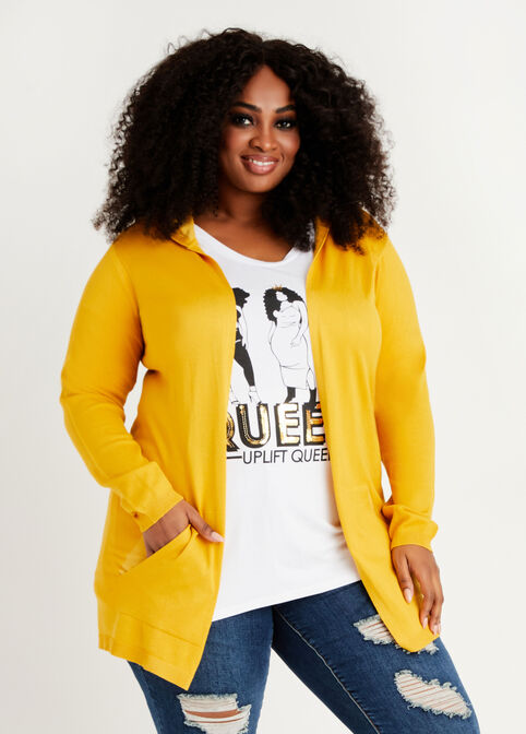 Hooded Open Front Knit Cardigan, Nugget Gold image number 0