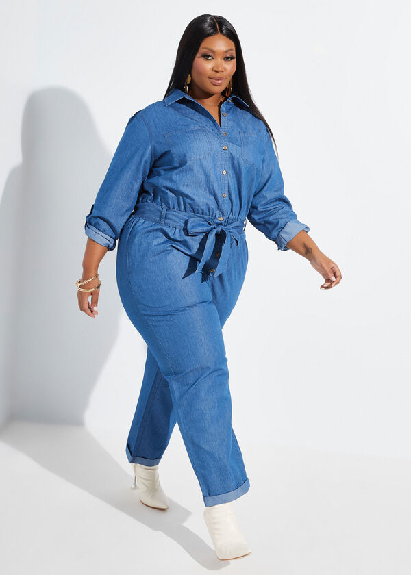 Belted Chambray Utility Jumpsuit, Denim image number 0