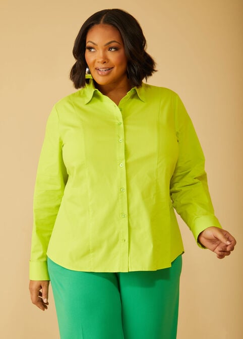 Cotton Blend Collared Shirt, LIME PUNCH image number 0