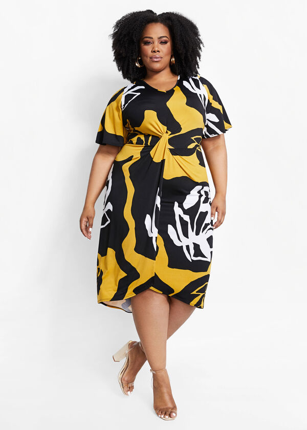 Plus Size Abstract Knot Front Flutter Sleeve Hi Low Party Dresses
