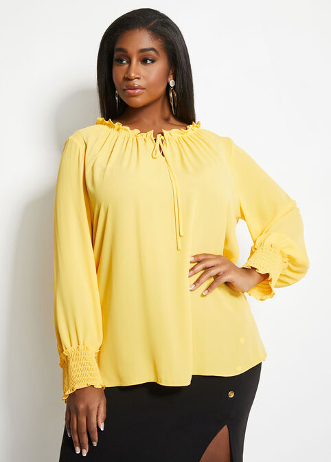 Tall Ruffle Collar Tie Neck Top, Amber Yellow image number 2