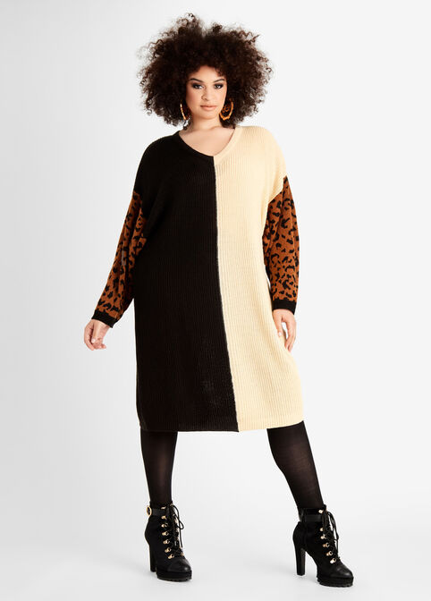 Leopard Colorblock Sweater Dress, Black Combo image number 0