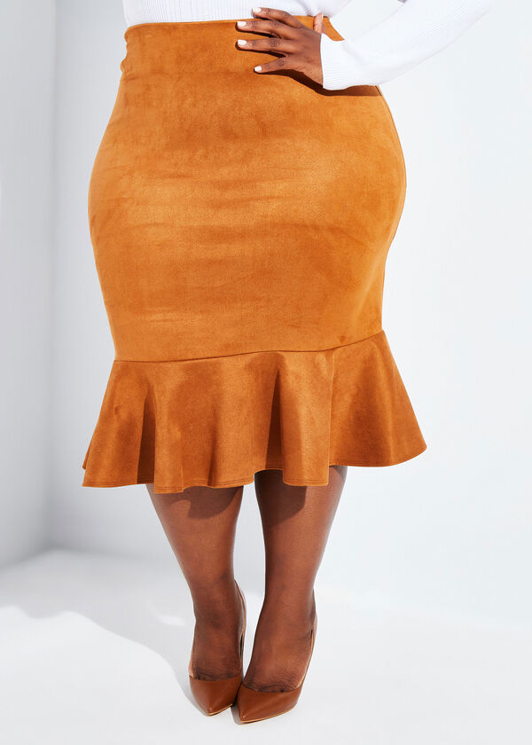 Faux Suede Midi Skirt, Camel Taupe image number 0