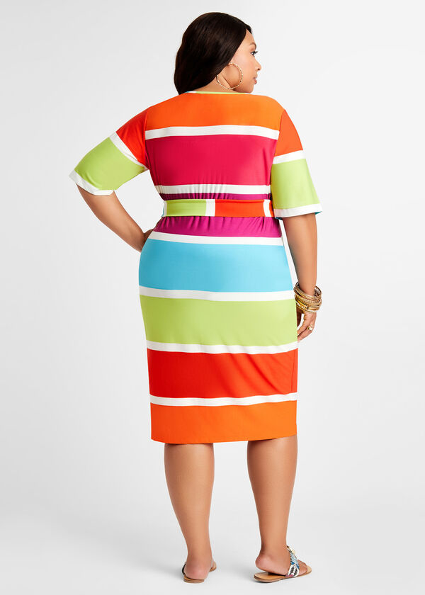 Belted Striped Bodycon Dress, Multi image number 1