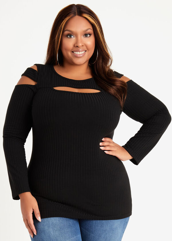 Cutout Ribbed Knit Long Sleeve Top, Black image number 0