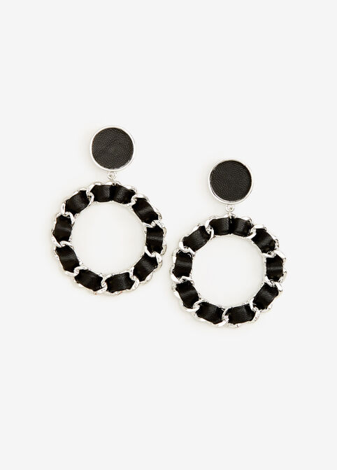 Faux Leather & Chain Drop Earrings, Black image number 0