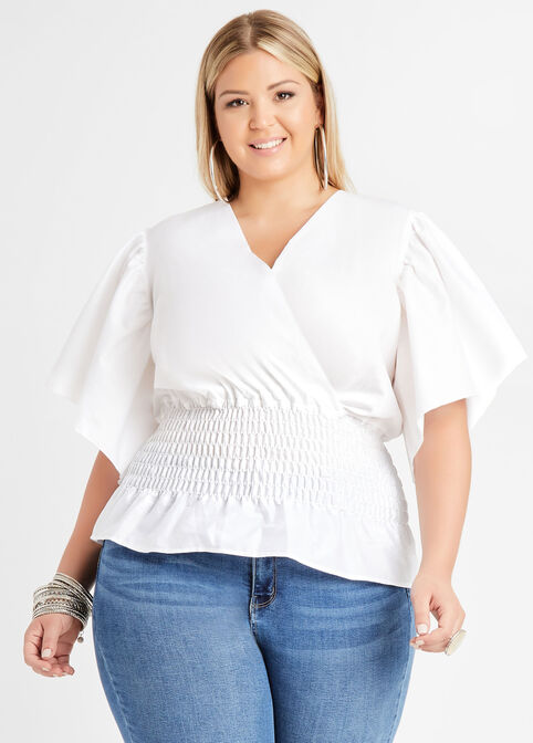 Cotton Smocked Wrap Top, White image number 0