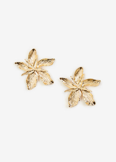 Gold Tone Textured Flower Earrings, Gold image number 0