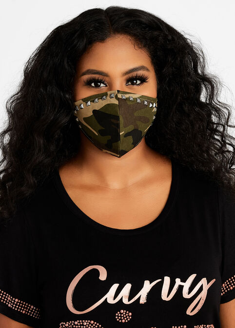 Studded Camo Fashion Face Mask, Olive image number 0