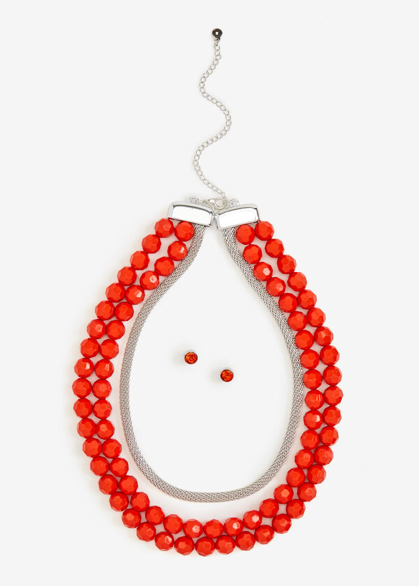 Spicy Orange Beaded Necklace & Earrings Set, SPICY ORANGE image number 0