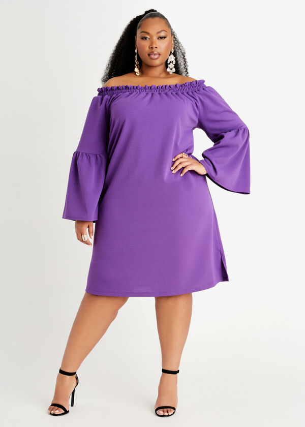 Off The Shoulder Bell Sleeve Dress, Purple Magic image number 0