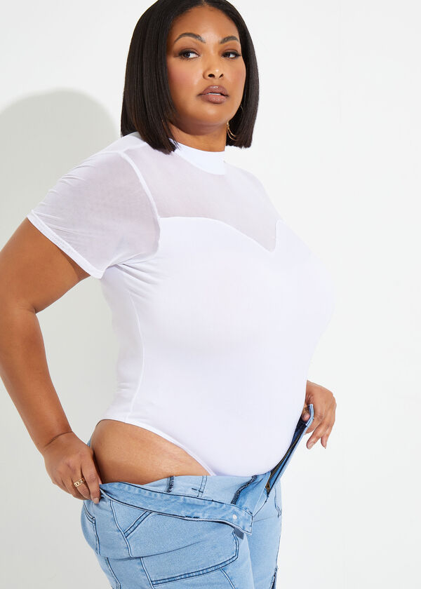 Mesh Paneled Sweetheart Bodysuit, White image number 2