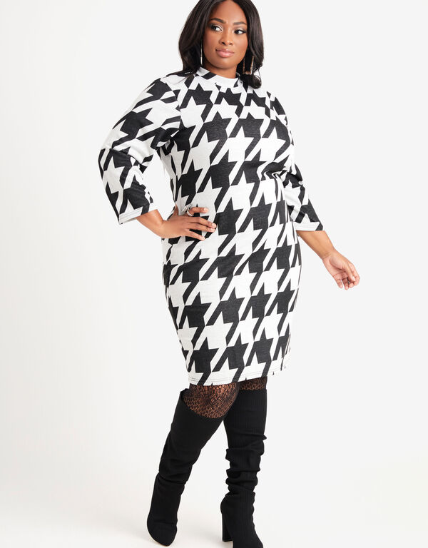 Houndstooth Knitted Midi Dress, Black White image number 0