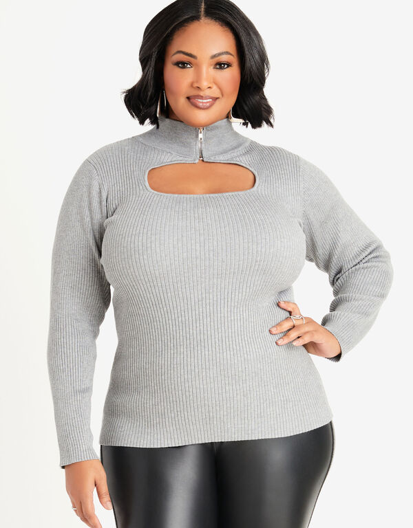 Zip Detailed Ribbed Knit Sweater, Heather Grey image number 0