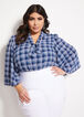 Plaid Tie Neck Flare Sleeve Top, Navy image number 2