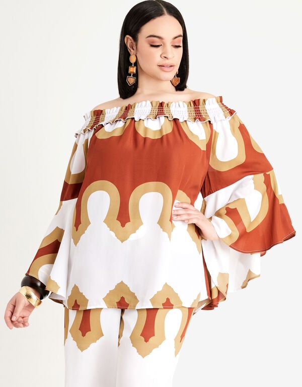Off The Shoulder Abstract Blouse, Tortoise Shell image number 0