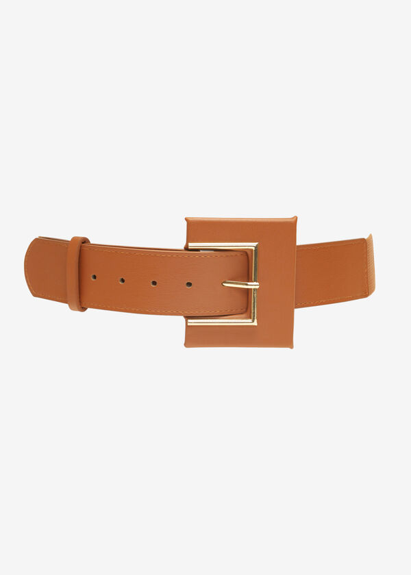 Faux Leather Buckled Stretch Belt, Cognac image number 1