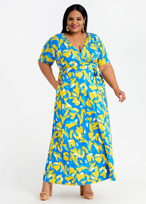 Belted Abstract Wrap Maxi Dress, Victoria Blue image number 0