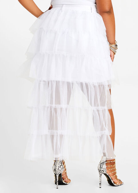 Tiered Tulle Train Denim Skirt, White image number 1