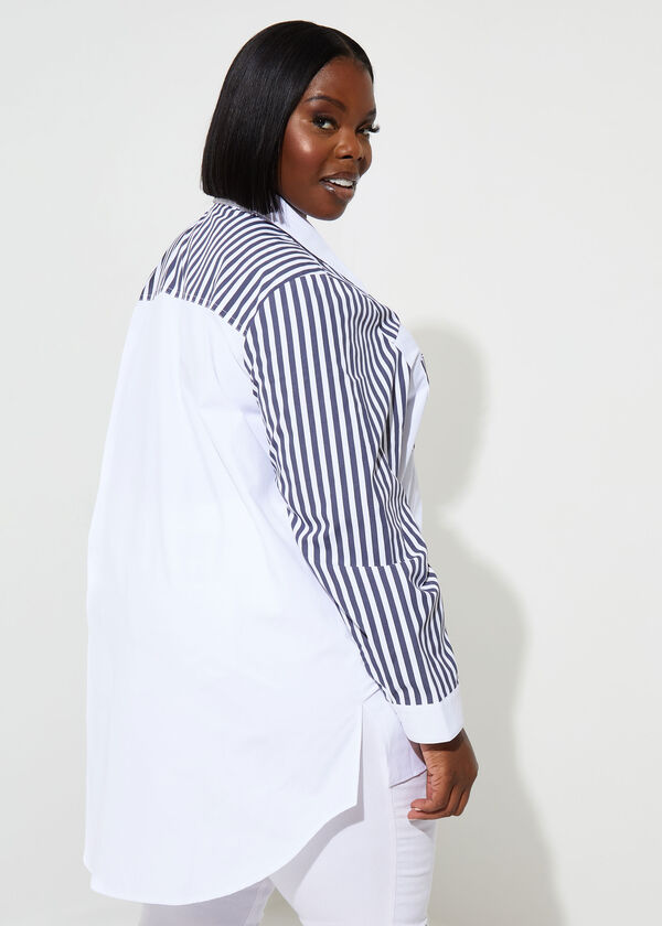 Striped Cotton Blend Shirt, White image number 1