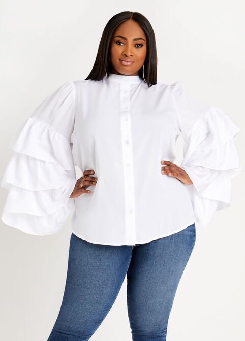 Drama Ruffle Sleeve Button Up Top, White image number 0
