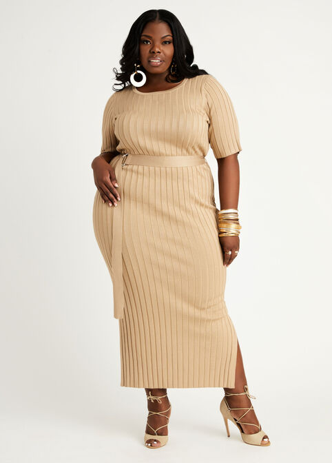 Belted Ribbed Bodycon Maxi Dress, CORNSTALK image number 0