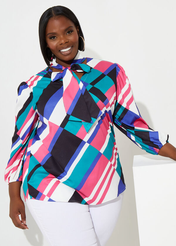 Striped Tie Neck Blouse, Multi image number 0