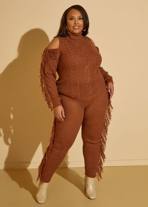 Fringed Cable Knit Sweater, Tortoise Shell image number 3
