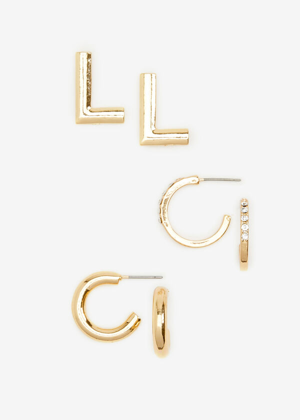Gold L Initial Studs & Hoops Set, Gold image number 1
