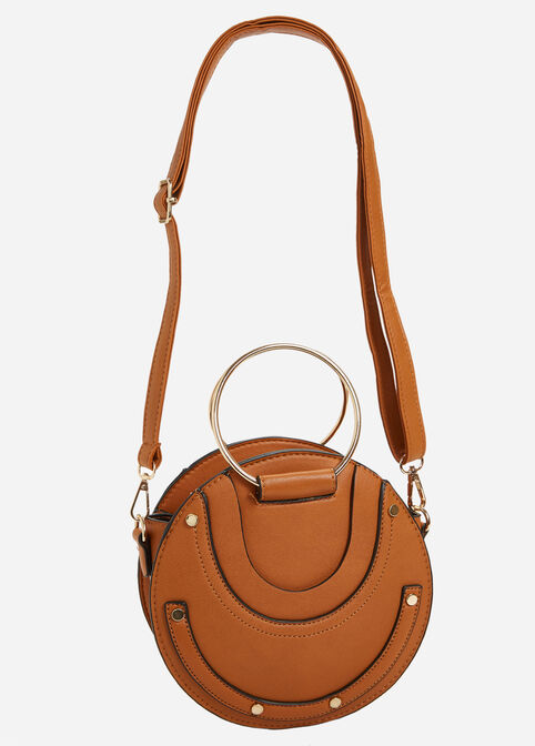 Studded Faux Leather Top Ring Bag, Cognac image number 0